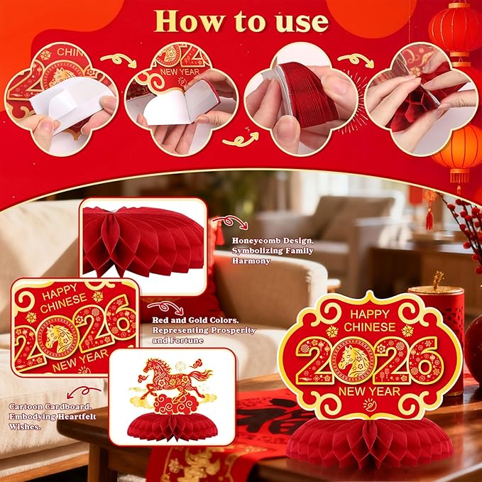 10 Pcs Chinese New Year Honeycomb Centerpieces Decoration 2026 Year of The Horse Ornaments Signs Red and Gold Table Toppers Table Centerpieces Lunar New Year Party Supplies