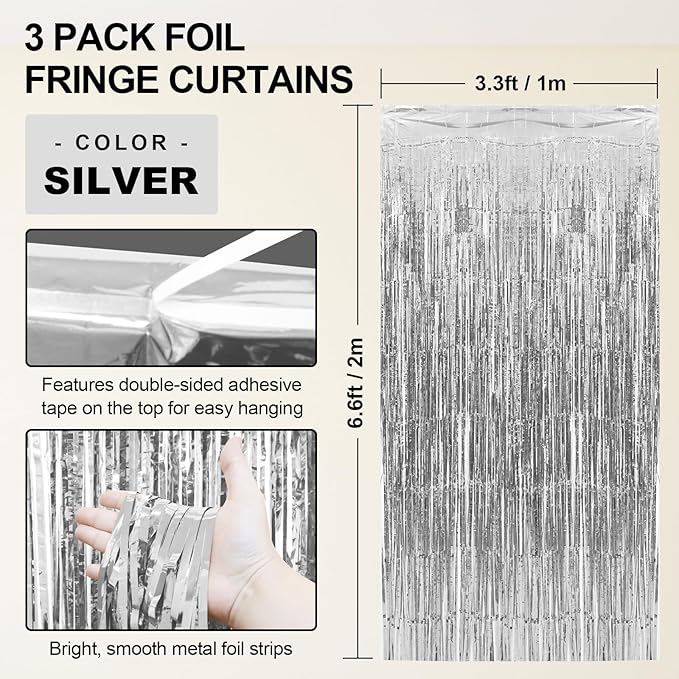 Homiest 3 Pack Silver Tinsel Backdrop, 3.3x6.6 FT Metallic Tinsel Foil Fringe Curtains Party Decorations, Birthday Door Streamers for Baby Shower Wedding, Photo Booth Props Background Wall Decor