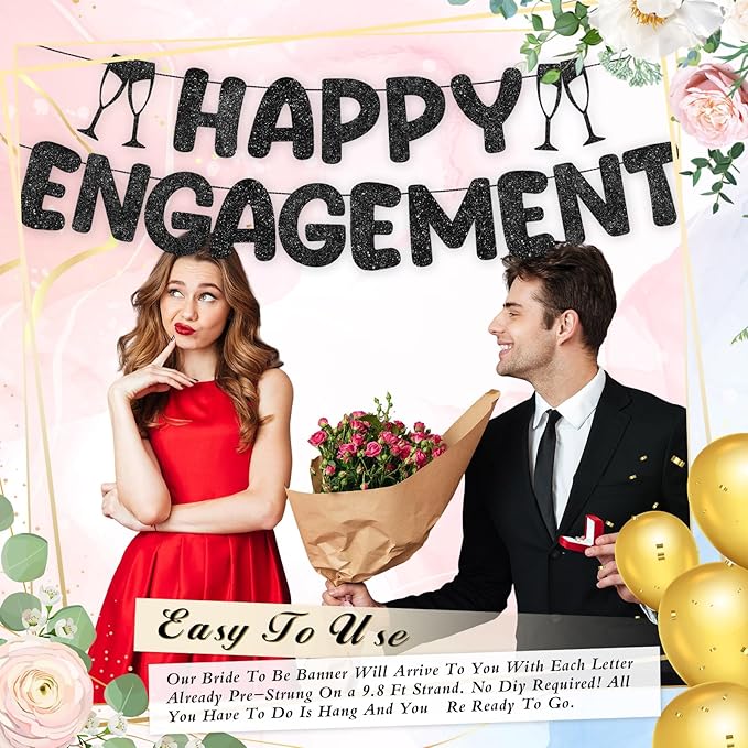 Breling Pre Strung Happy Engagement Banner Glitter Engagement Party Decorations for Congratulations Engaged Wedding Shower Signs Decor(Black)