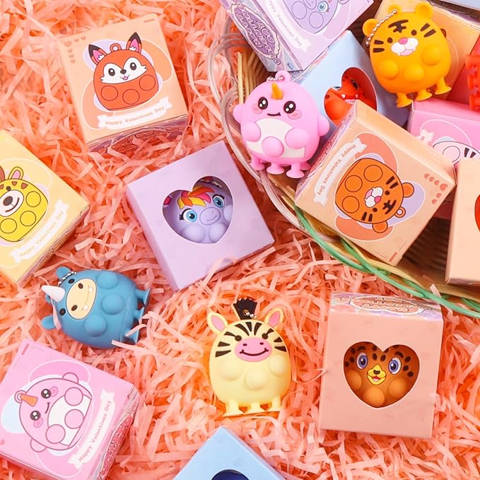 Valentines Day Gifts for Kids, 24 PCS Prefiled Valentines Box with 3D Animal Pop Suction Toys, Valentines Party Favors for Class, School Classroom Valentines Gifts for Boys Girls Toddlers