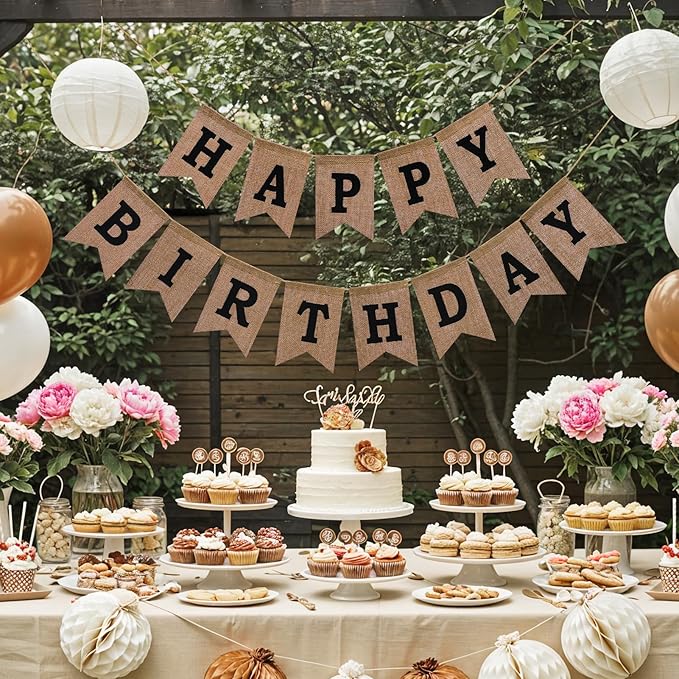 Happy Birthday Banner - Pre‑Strung Burlap Birthday Decorations and Reusable Birthday Sign for Men, Women & Kids | Party Supplies Backdrop (Black)
