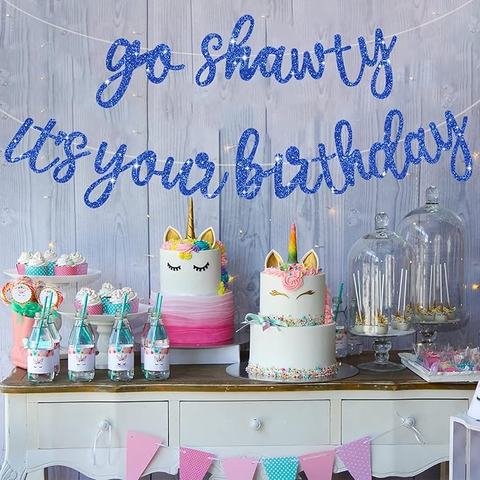 BEISHIDA Go Shawty It's Your Birthday Banner NO DIY Hip Hop Theme Happy Birthday Banner Pre-Strung Rap Theme Happy Birthday Sign for Man Women birthday Party Supply Glitter Blue
