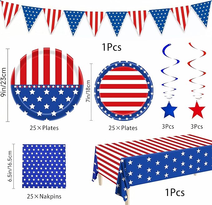 4th of July Party Supplies Set, Patriotic Party Decorations Sets,American Flag Banner Plates and Napkin Tablecloths, 4th of July Decorations Red White and Blue for Memorial ,Serve 25