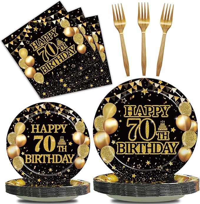 96Pcs 70th Birthday Party Tableware Set, Back in 1956 Birthday Party Decorations Supplies for Men Women Cheers to 70 Years Disposable Paper Plates Napkins Forks Favors, Serve 24