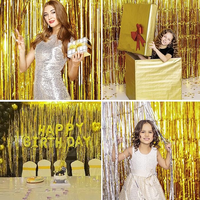 Gold Backdrops Curtains Christmas Party Decorations, Tinsel Streamers for 30th Birthday Decorations, Photo Booth Props for Wedding, 2Pack 3.28X6.56Ft
