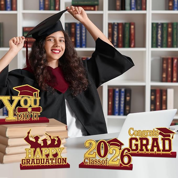 4Pcs Graduation Decorations Class of 2026 Wood Table Centerpieces Congrats Grad Wooden Sign Graduation Table Toppers Congratulate Tiered Tray Decor for 2026 Graduation Party (Maroon-Gold)