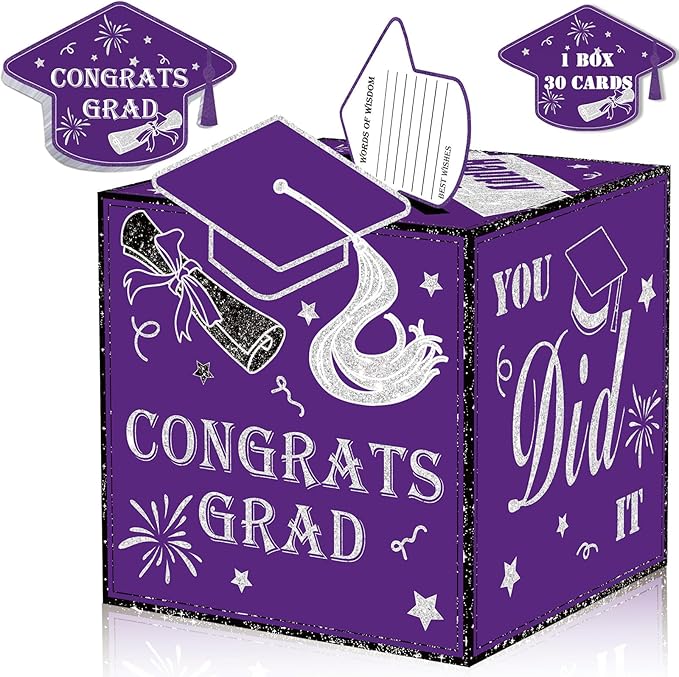 AYGXU graduation card box 2026 with 30pcs graduations cards,Graduations party Decorations,graduation box for gifts and Cards,graduations money box,Graduation Party Supplies-purple box