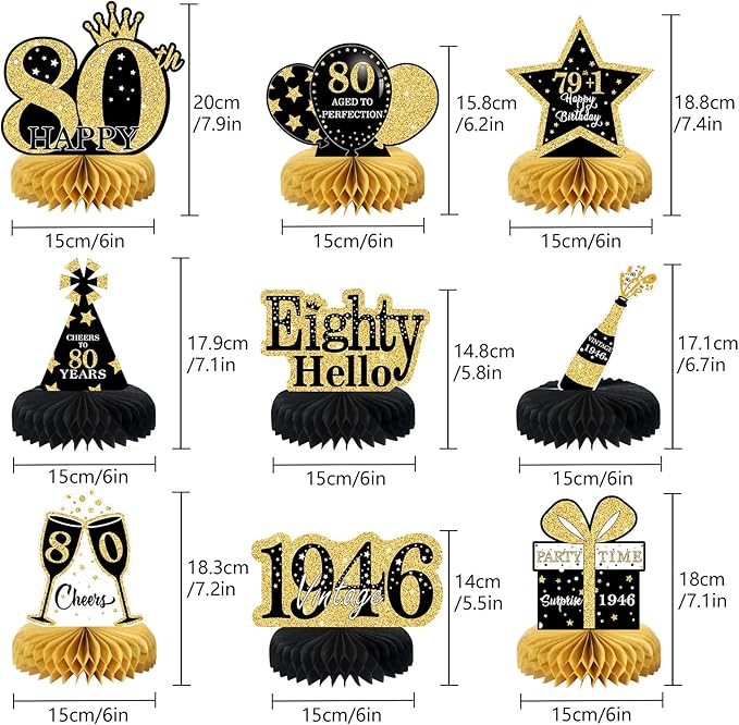 9Pcs 80th Birthday Decorations Honeycomb Centerpieces for Men Women, Black Gold Happy 80th Birthday Centerpieces Tables Toppers Party Decorations Supplies,Vintage 1946 Aged Table Sign Decor