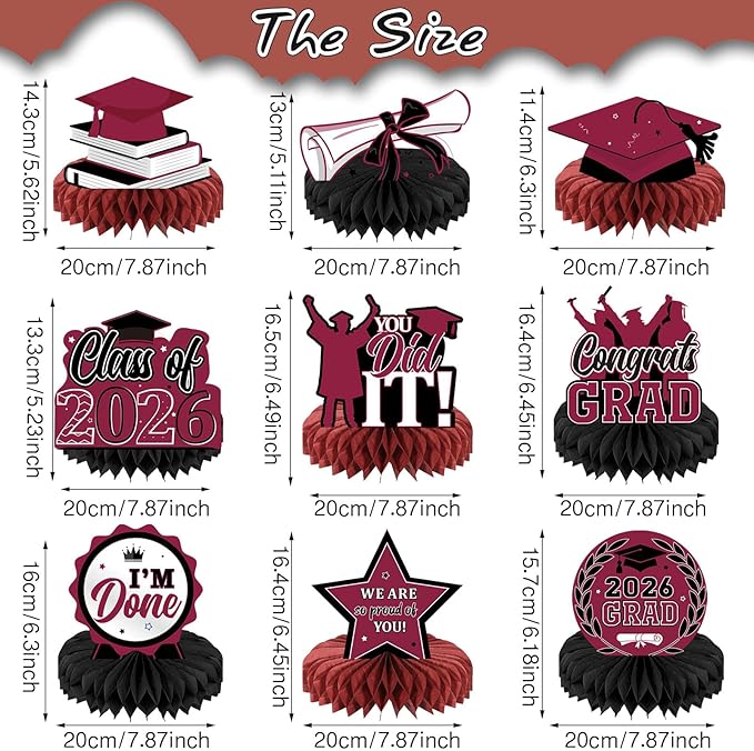 Yisong 9 Pieces 2026 Graduation Party Table Decorations Class of 2026 Congrats Graduation Centerpieces for Tables Congratulate Honeycomb Centerpiece Topper for Grad Party Supplies (Maroon)