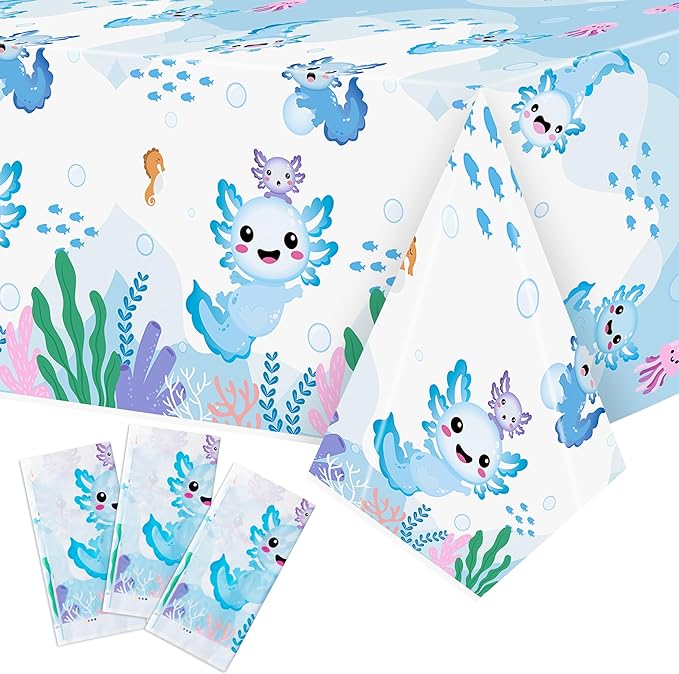 Axolotl Plastic Party Tablecovers - 3 Pack Blue Cartoon Axolotl Table Cover Decorations Disposable Waterproof Rectangle Plastic Tablecloths Rectangle Kids Birthday Baby Shower Camping Events