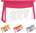 SPF Sunscreen Bag Clear Makeup Bag Chenille Letter SPF Cosmetic Zipper Pouch Summer Beach Essential Cute Toiletry Pouch Travel Accessories Gifts for Women