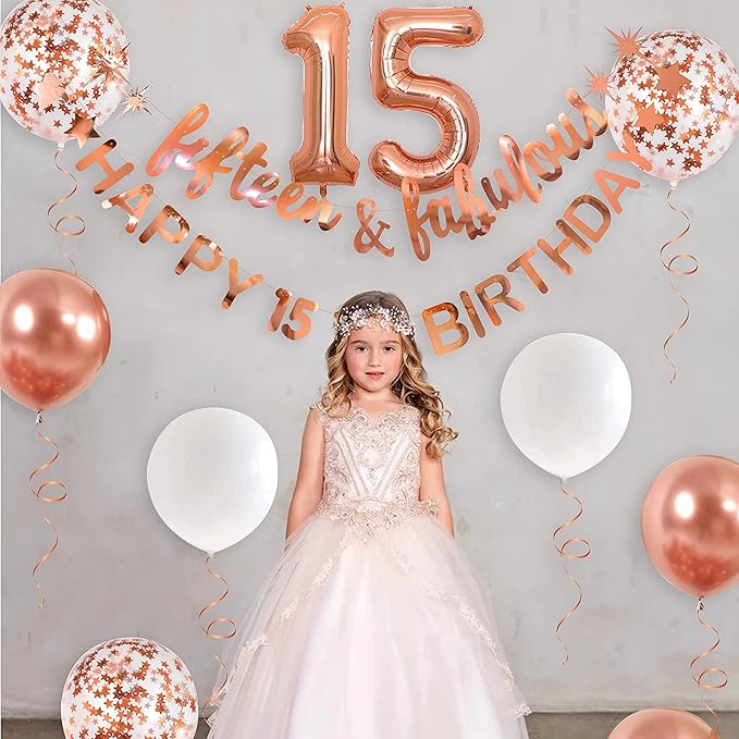 Fifteen & Fabulous Rose Gold 15th Birthday Banner, Garland, Foil Balloon, Decorations, Hanging, Cheers to 15 Years Old Party Supplies Backdrop