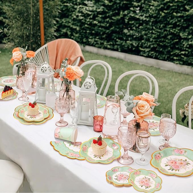 Tea Party Supplies Serves 24, Tea Party Plates and Napkins Sets Include Paper Saucers, Teacups with Handles, Tableware for Girl's Birthday, Tea Party Decoration