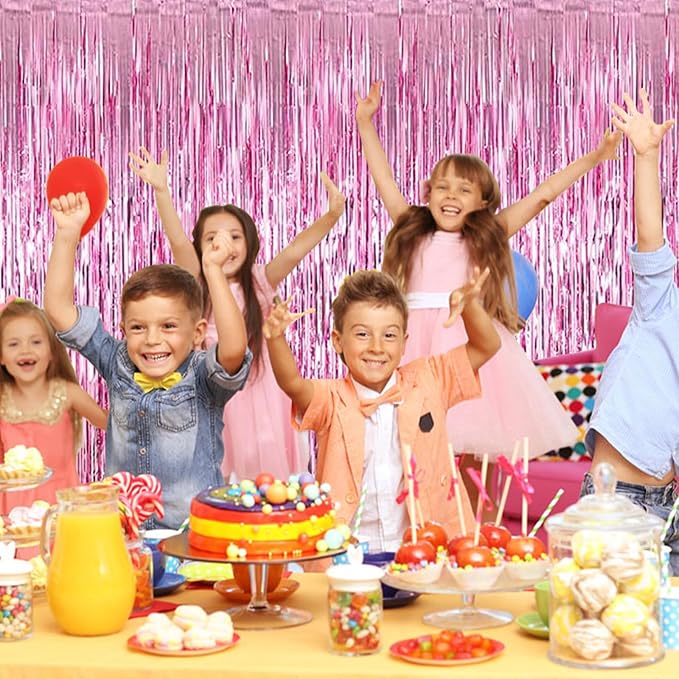 6 Pack Pink Foil Curtain Backdrop 3.2ft x 6.6ft Metallic Tinsel Fringe Backdrop Curtains Streamer Photo Booth Backdrop for Birthday Engagement Bachelorette Christmas Holiday Party Decorations