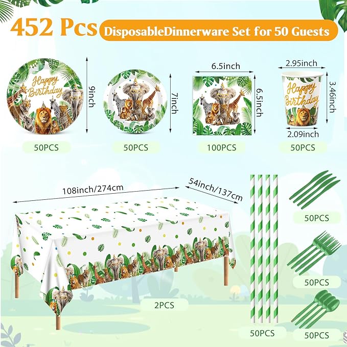 Ceenna 452 Pcs Safari Birthday Party Decorations for 50 Guests, Jungle Animals Paper Plates Napkins Cups Tablecloth Cutlery Straw Wild Animals Tableware for Zoo Theme Birthday Party Supplies