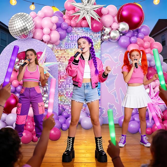 JOGAMS 172Pcs K-Pop Music Balloon Arch Kit, Metallic Silver Purple Pink Balloons Garland with Iridescent Star Disco Foils Balloons for Concert-Style Birthday Idol Showcase Fan Support Party Decor
