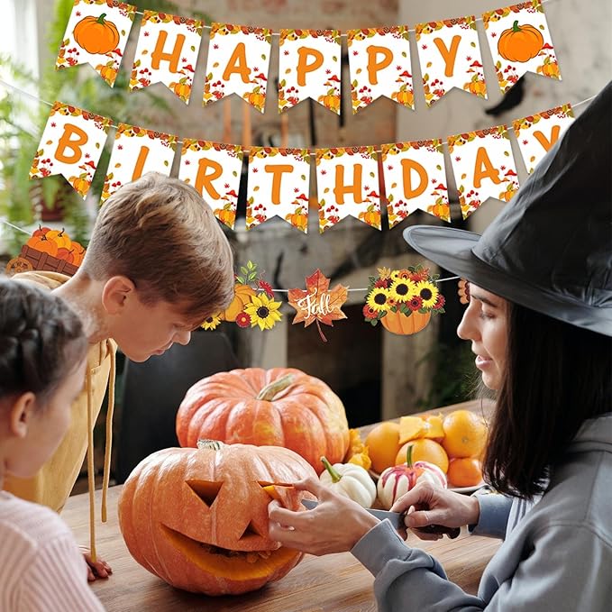 Fall Thanksgiving Happy-Birthday Party-Decorations Banner - 2pcs Orange Garland,Autumn Pumpkin Turkey Flowers Maple Leaves Hanging Swirls Streamers Decor Panduola