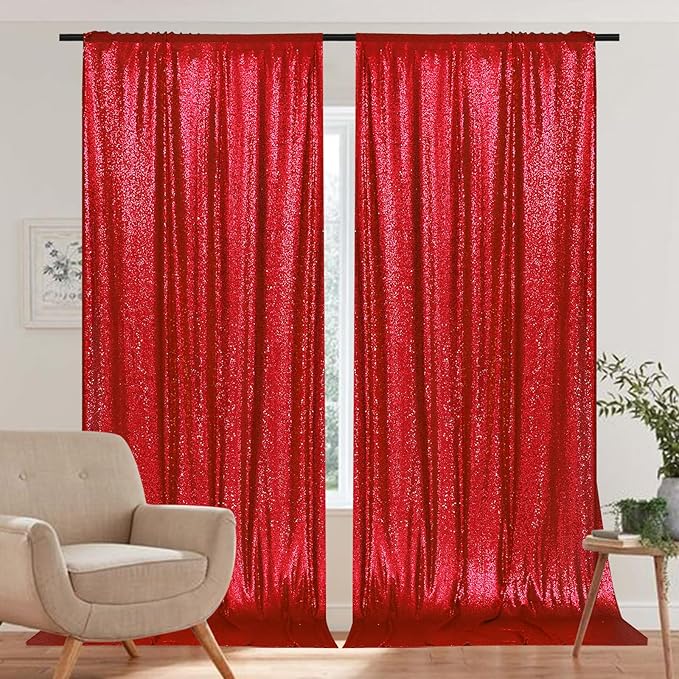 PartyDelight Red Sequin Backdrop 5x10ft 2 Panels - High Density 3mm Shimmer Sequin Background with 4-Inch Rod Pocket, Sparkly Photography Curtain for Wedding, Stage & Event Decor