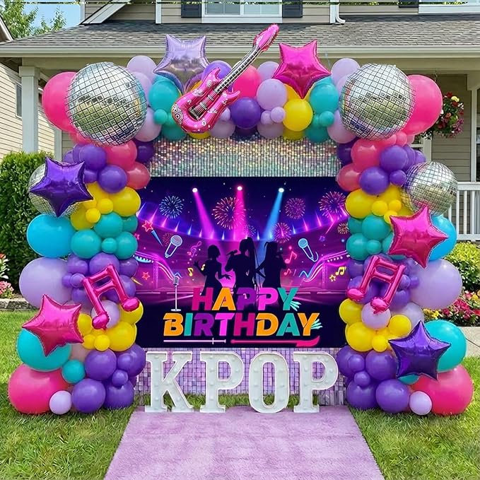 Purple pink teal kpop theme Balloon Arch Garland Kit with backdrop Musical symbols Disco Star mylar balloons for kpop music Birthday Decorations Y2K Concert Movies Tv fans Party Supplies