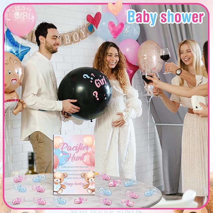 Thyle 51 Pcs Bear Pacifier Hunt Baby Shower Games Include Hunt Sign and 50 Acrylic Pacifiers for Pink and Blue Baby Shower Game Decoration Sets Gender Reveal Newborn Announcement Party Decor