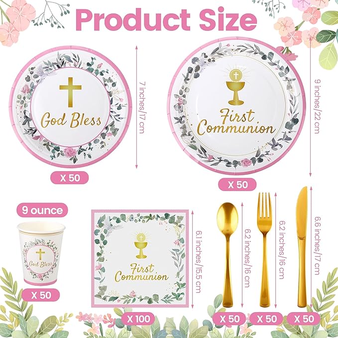 Kochorie 400 Pieces Pink First Communion Decorations, Disposable First Holy Communion Party Tableware Set with Plates Cups Napkins Cutlery Serves 50 for Baby Shower God Bless Baptism Party Supplies