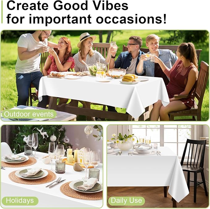 QIKSION White Plastic Table Cloth Disposable 3 Pack, 54 x 108 Inch Tablecloths for Party, Picnic, Birthday, Rectangle Table Cover