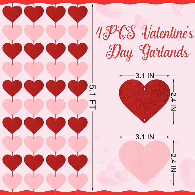 4PACK Valentine's Day Garland, 40PCS Hearts, Felt Decorations, Red Pink Banner Pre-Assembled Vertical Heart Garland for Window Ceiling
