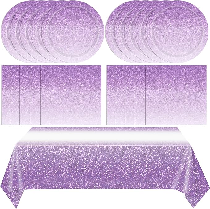 41Pcs Ombre Purple Party Decorations Disposable Party Tableware Set Gradient Pastel Purple Paper Plates Napkins Tablecloth, for Wedding Birthday Anniversary Lavender Party Decorations,Serve 20
