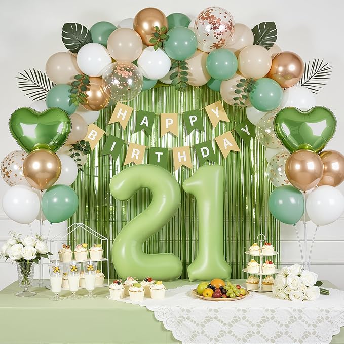 Sage Green 21st Birthday Decorations, Finally 21 Party Supplies for Her Him, Sand White & Cream Balloon Kit with Green Number 21 Balloon and Fringe Curtains