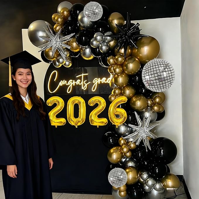 2026 Graduation Balloon Garland Arch Kit, Black Gold Silver Balloon Arch 2026 Graduation Decorations Disco Star Balloons for Grad Celebrations New Year Birthday Party Decorations