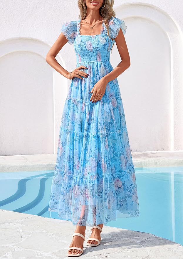 PRETTYGARDEN Women's Summer Tulle Midi Dress Sleeveless Smocked Ruffle Flowy Mesh Dresses Party Wedding Guest Sundress