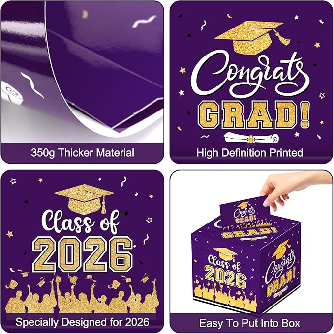 Graduation Card Box 2026 - Congrats Grad Card Boxes Holder, Purple and Gold Class of 2026 Graduation Gift Cards Box for Graduation Party Decorations 2026 Favors Decor Supplies Props,9x 9 x 9 inches