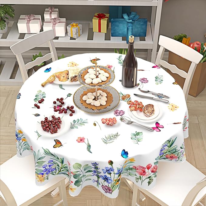 Spring Summer Floral Round Tablecloth 70 Inch Wildflower Butterfly Table Cloth Washable Farmhouse Table Covers Holiday Table Cover for Kitchen Party Dinner Decor