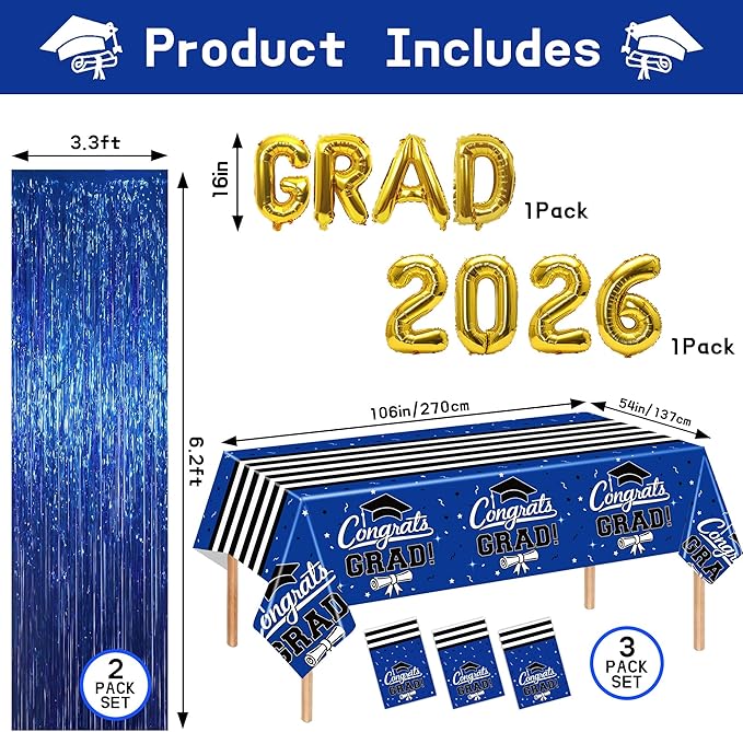 7-Pack Graduation Party Decorations Set, 3 Blue Graduation Tablecloths 54x108in, 2026 and Grad Balloons, 2 Foil Fringe Curtains for High School College Graduation Party Photo Booth