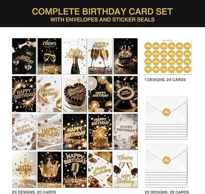 20 Pack Birthday Cards for Women, Messages, Envelopes, and Stickers | 4x6 Inch Happy Birthday Cards Bulk for Family, Kids, Friends, Work, and Office Celebrations. (20 Pcs Cards With Black and gold style)