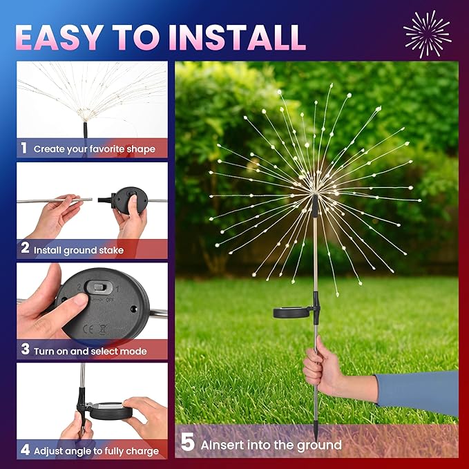 4 Pack Valentine's Day Solar Lights Outdoor, Solar Garden Lights Outside Fairy Firework Decorative,Solar Powered for Wedding,Yard Pathway Party Balcony Patio Decor (Red, White, Pink)
