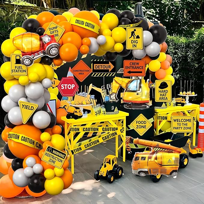 151Pcs Construction Party Decorations Birthday Supplies Construction Balloon Arch Caution Tape Caution Sticker Truck Foil Balloon Boy Kid Build Theme Birthday Party Decoration