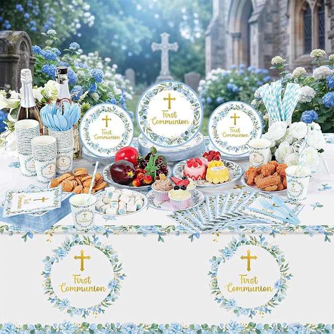Ceenna 452 Pcs First Communion Party Decoration Boy for 50, Blue Baptism Paper Plate Napkin Cup Tablecloth Cutlery Straw God Bless Disposable Tableware for Christening Religious Baby Shower Supplies