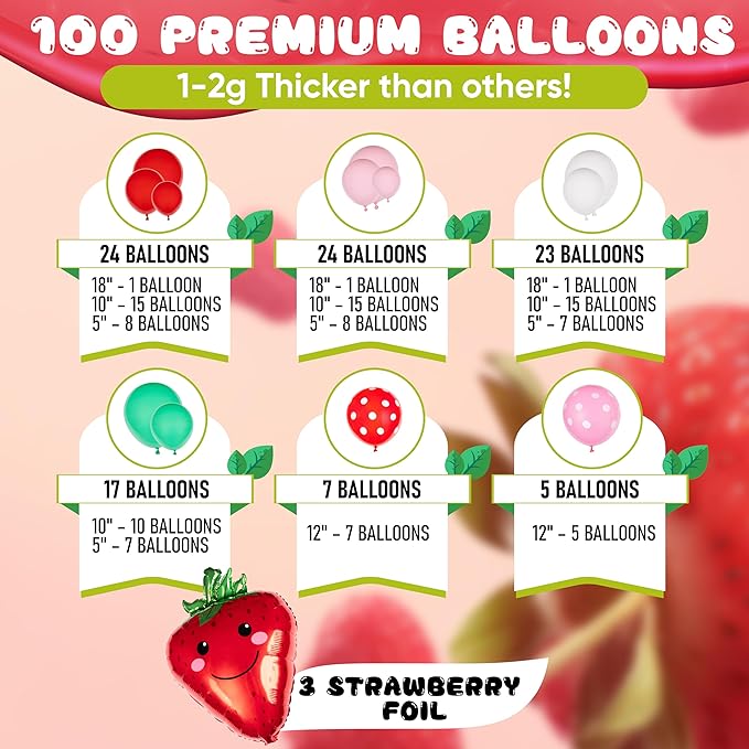 ALL-IN-1 Strawberry Balloon Arch Kit & Garland with BONUS Strawberry – Small and Large Red Pink Green Strawberry Balloons – Strawberry Shortcake Party Decorations Supplies for Birthday & Baby Shower