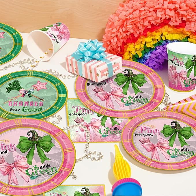 168Pcs Witch Party Supplies Pink Green Paper Plates Napkins Disposable Tableware for Birthday Party Decorations Serve 24 Guests