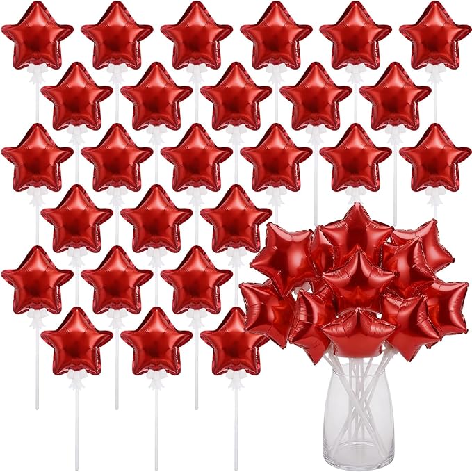 30 Pcs Star Self Inflatable Balloons with Bow Stems Star Foil Balloons Mini Pentagram Decoration for Patriotic Independence Day Graduation Birthday Baby Shower Anniversary(Red,4 Inches)