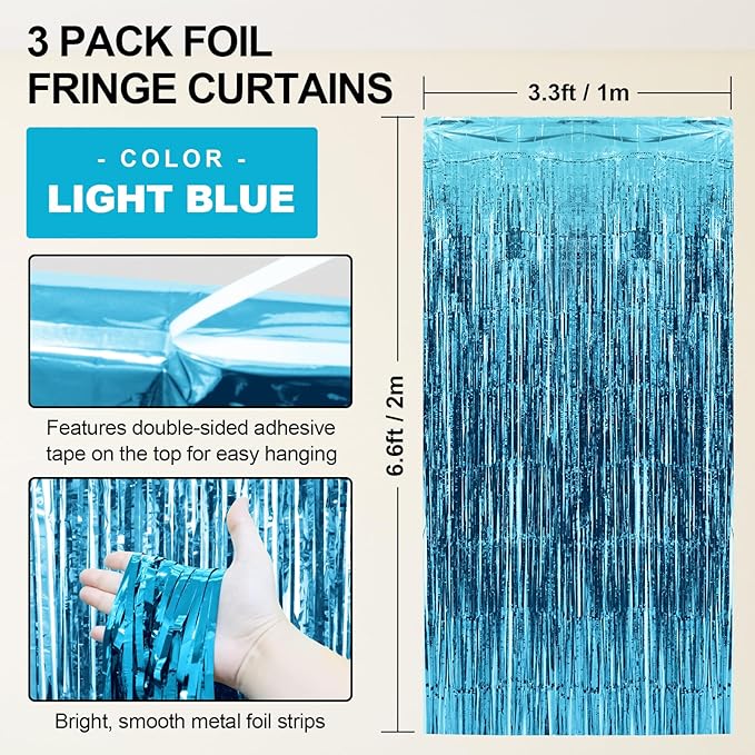 Homiest 3 Pack Light Blue Tinsel Backdrop, 3.3x6.6 FT Metallic Tinsel Foil Fringe Curtains Party Decorations, Birthday Door Streamers for Baby Shower Wedding, Photo Booth Props Background Wall Decor
