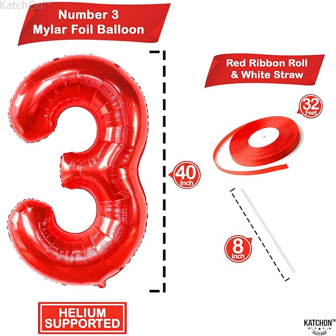 KatchOn, Giant Red Number 3 Balloon - 40 Inch | Red Foil Number 3 Balloon For 3rd Happy Birthday Decorations | Number Three Balloon For Anniversary Decorations | Birthday Party Decoration