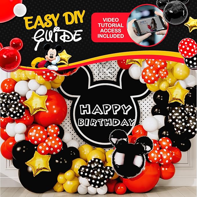 ALL-IN-1 Mickey Balloon Arch Kit with BONUS Mouse Heads & Gold Stars for Mouse Birthday Decorations - Mickey Balloons for Cartoon Mouse Clubhouse Birthday Decorations - Disney Balloons, Mickey Party