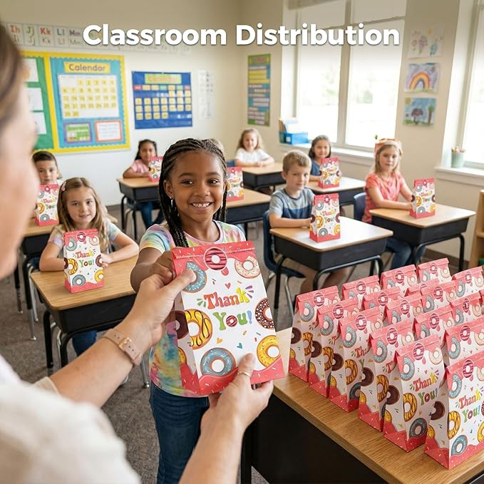 VGOODALL 24PCS Donut Party Favor Bags, Paper Gift Bags Goodie Bags with Stickers Candy Bags for Kids Birthday Party