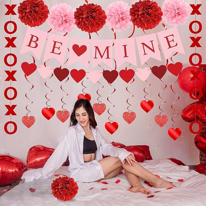Upgraded Valentines Day Decorations Set Pre-Assembled Hanging Heart Swirls,BE Mine Banner,Heart XO Garlands Banner for Valentines Wedding Engagement Anniversary Party