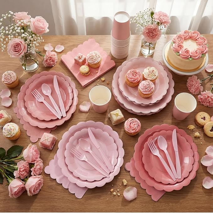 Yaomiao 168 Pcs Dusty Pink Dinnerware Sets Blush Pink Plates Round Disposable Paper Plates Cups Napkin Knife Fork Spoon Serve 24 Guests Wedding Bridal Baby Shower Princess Birthday Party Supplies