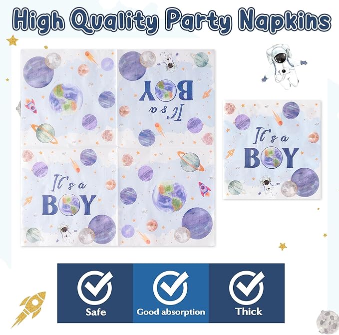 Houston We Have A Boy Outer Space It's a Boy Baby Shower Astronaut Planet Galaxy Plates Supplies - Serves 24-96Pcs Party Tableware Decoration Disposable Paper Plates Napkin Fork for Birthday