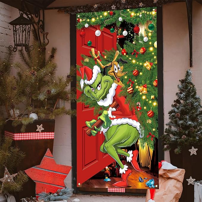 Merry Grinchmas Banner, 71 x 35in Polyester, New Year Christmas Decor for Home Party