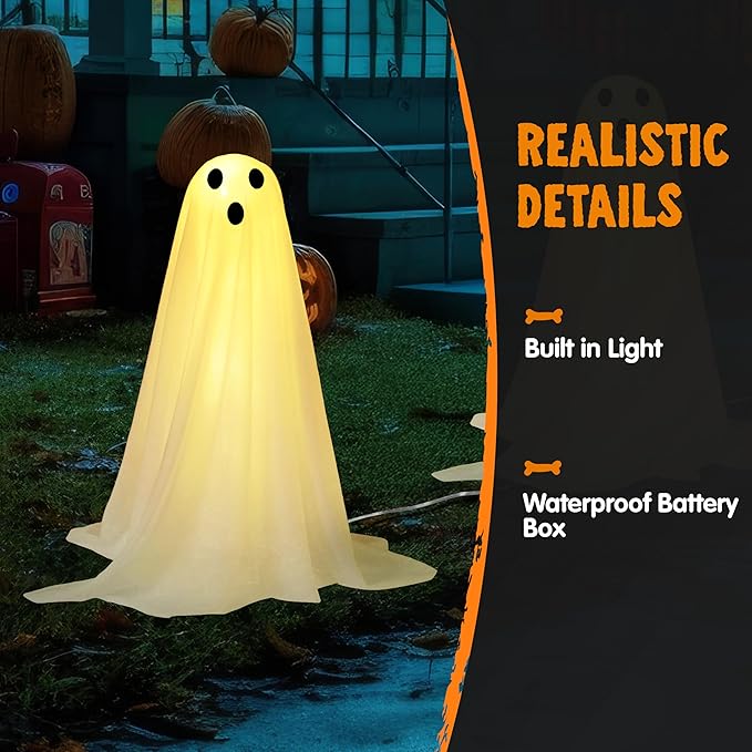 JOYIN 3 Pcs Halloween Decorations Outdoor Ghosts Pathway Lights, 18” White Cloth Ghost with White Light Up Yard Stakes for Graveyard Yard Lawn Garden Prop, Party Decor Supplies